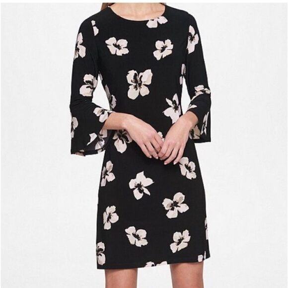 Tommy Hilfiger Black Floral Bell Sleeve Sheath Midi Party Dress Size 12 … - Picture 1 of 8